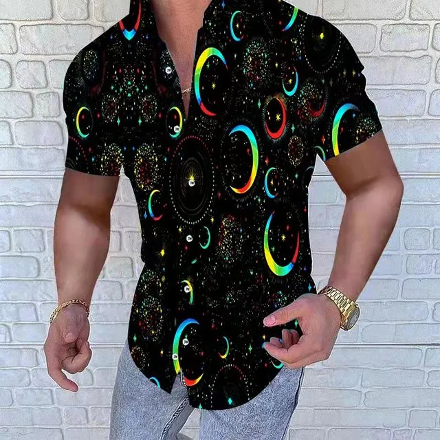 Summer New Men Clothing European American Retro Trend Shirt Short Sleeve Printing Shirt
