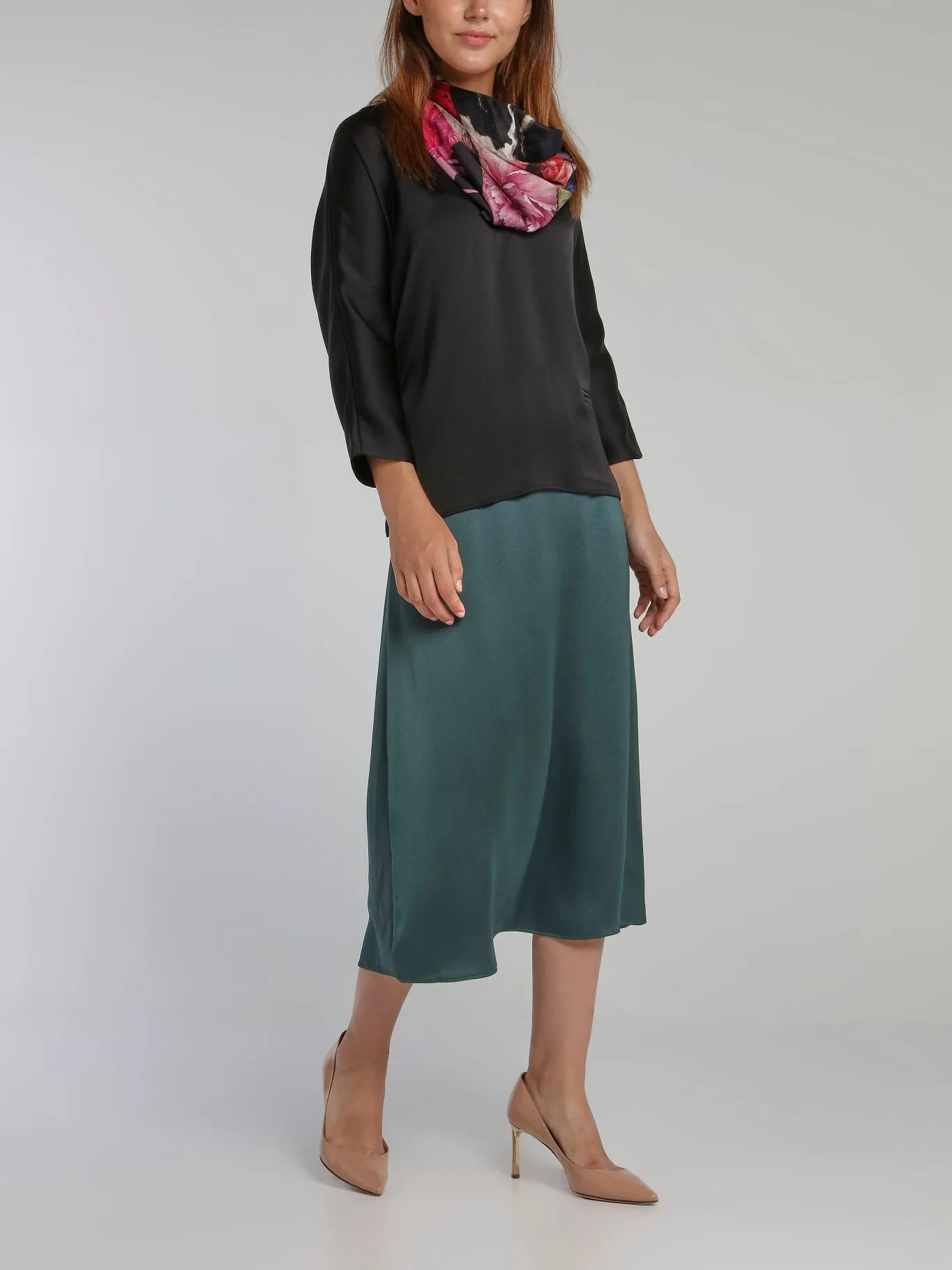 Teal High-Waist Column Midi Skirt