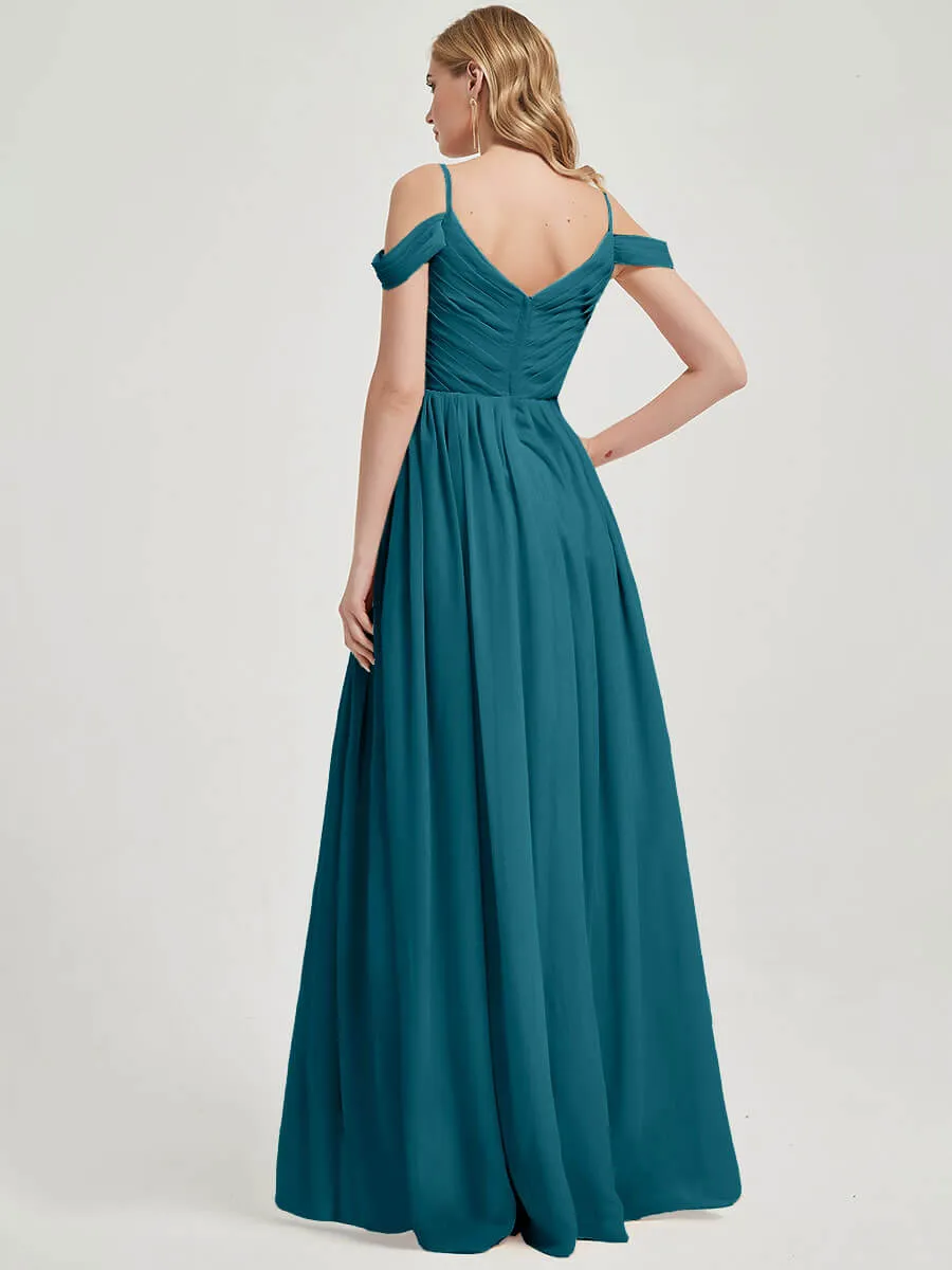 Teal Spaghetti Straps Pleated Chiffon Maxi Bridesmaid Dress