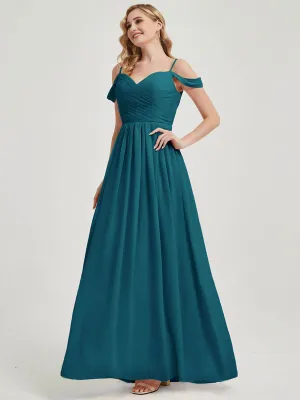 Teal Spaghetti Straps Pleated Chiffon Maxi Bridesmaid Dress