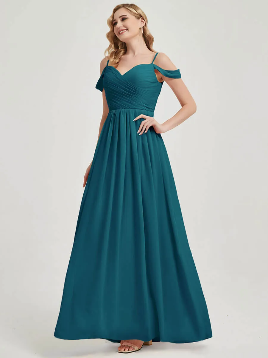 Teal Spaghetti Straps Pleated Chiffon Maxi Bridesmaid Dress