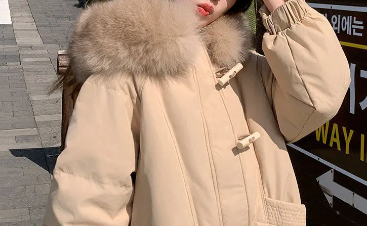 Thickened Hooded Puffer Jacket with Elastic Band Cuff and Toggle Button