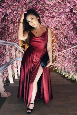 Tie Straps Burgundy Long Prom Dress with Slit