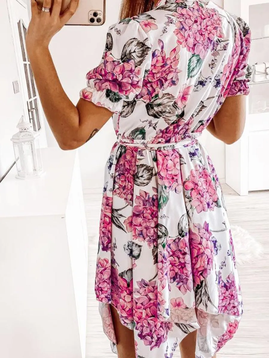 V-neck Print Short-sleeved High-low Midi Dress