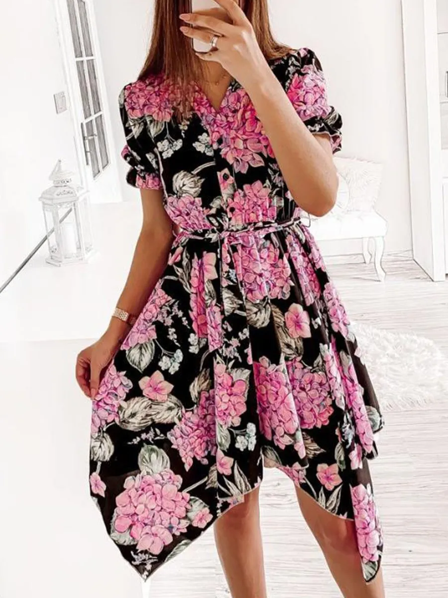 V-neck Print Short-sleeved High-low Midi Dress