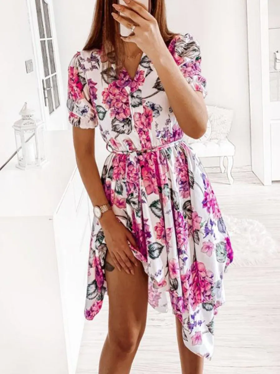 V-neck Print Short-sleeved High-low Midi Dress