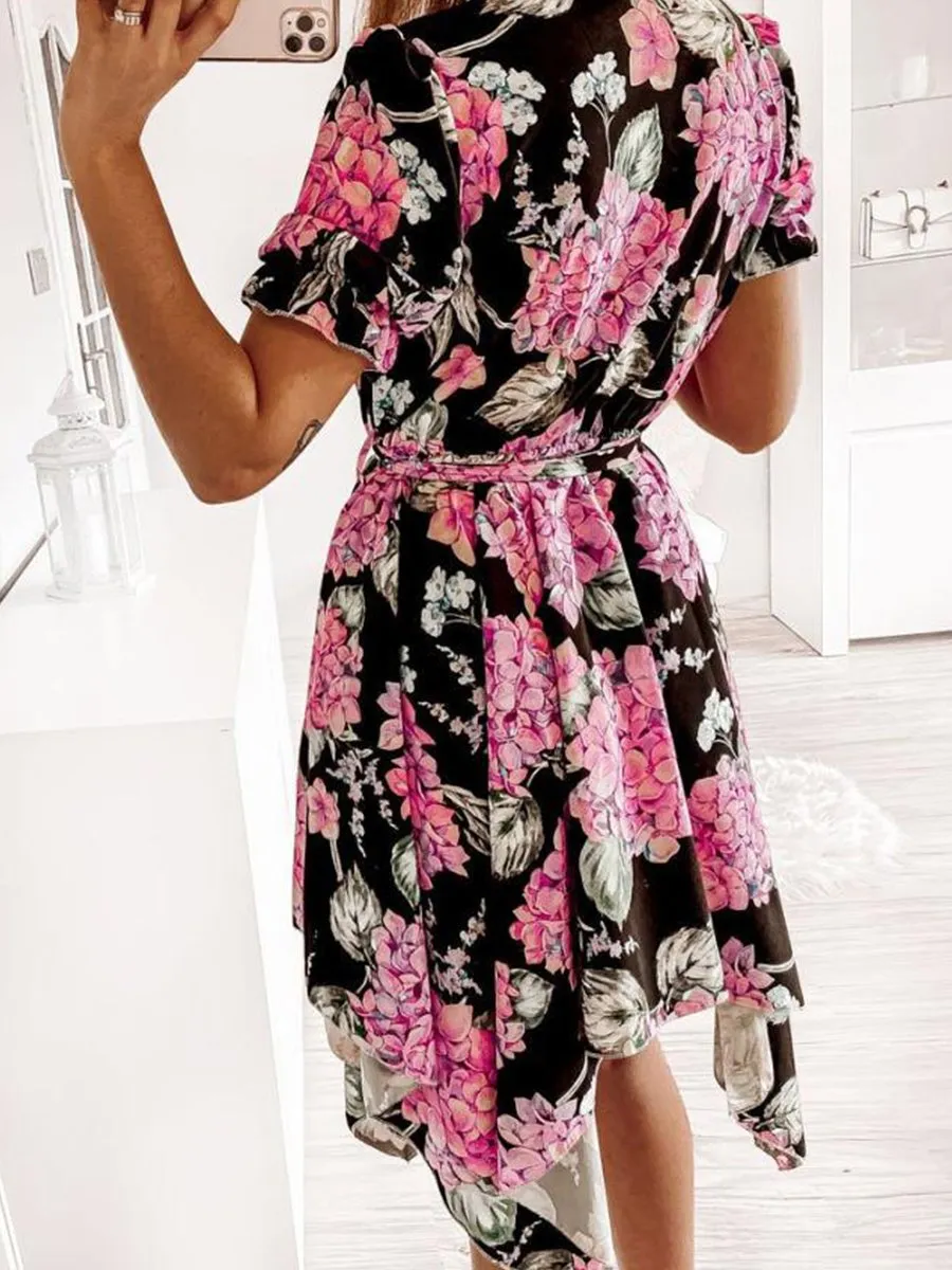 V-neck Print Short-sleeved High-low Midi Dress