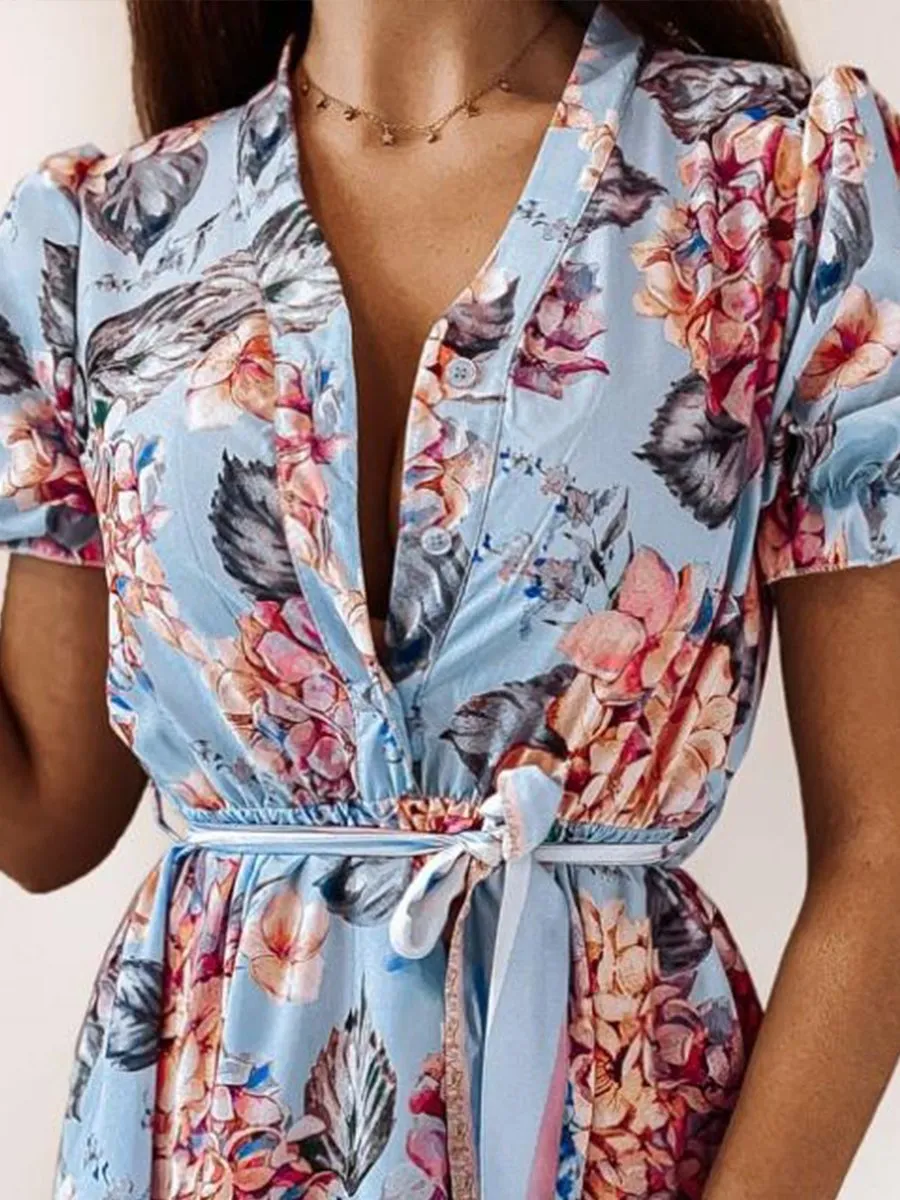 V-neck Print Short-sleeved High-low Midi Dress