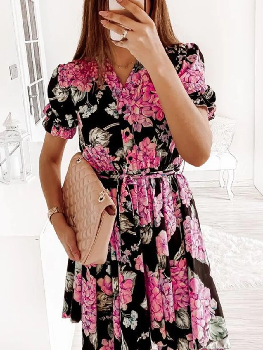 V-neck Print Short-sleeved High-low Midi Dress