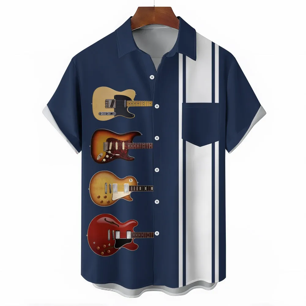 Vintage Guitar Music Stripe Print Bowling Shirt 2411007814
