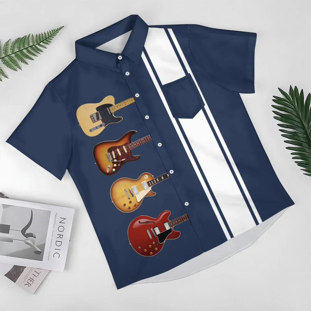 Vintage Guitar Music Stripe Print Bowling Shirt 2411007814