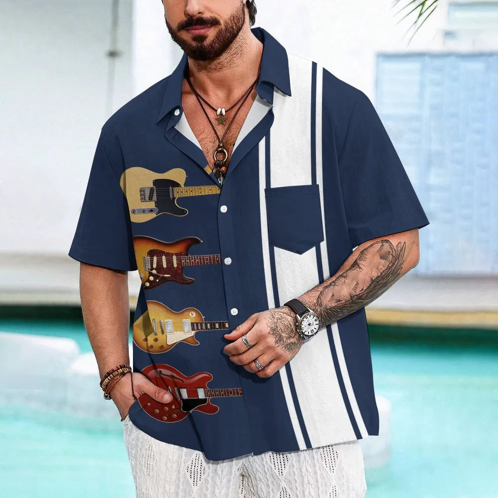 Vintage Guitar Music Stripe Print Bowling Shirt 2411007814