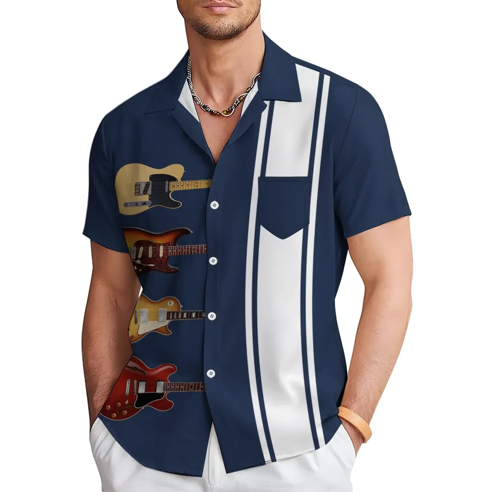 Vintage Guitar Music Stripe Print Bowling Shirt 2411007814