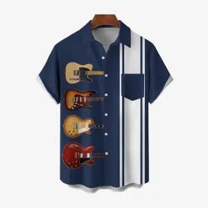 Vintage Guitar Music Stripe Print Bowling Shirt 2411007814