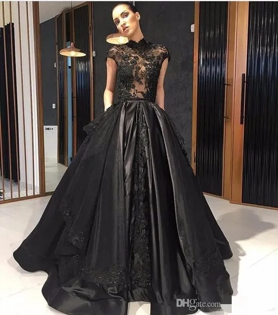 vintage prom dresses ball gown black lace appliqué cap sleeve high neck modest elegant prom gowns