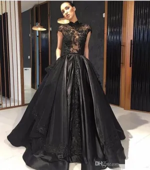 vintage prom dresses ball gown black lace appliqué cap sleeve high neck modest elegant prom gowns