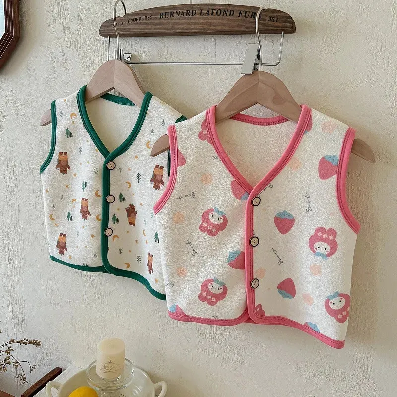 Winter Baby Vests Fleece Sleeveless Jackets for Kids Warm Boys Girls Windbreaker Cartoon Flower Cute Toddler Coats Clothing