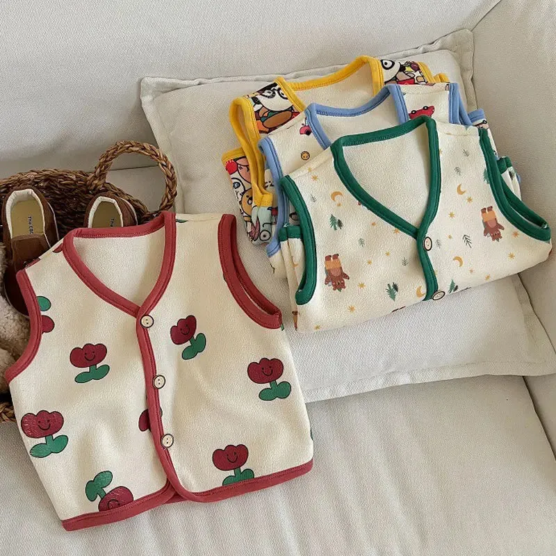 Winter Baby Vests Fleece Sleeveless Jackets for Kids Warm Boys Girls Windbreaker Cartoon Flower Cute Toddler Coats Clothing