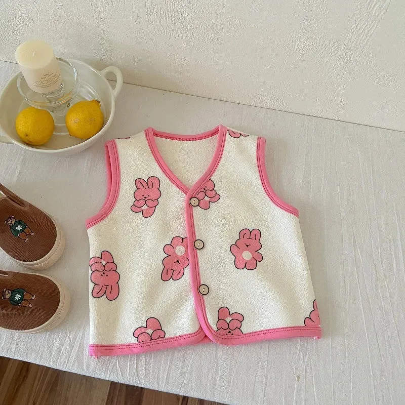 Winter Baby Vests Fleece Sleeveless Jackets for Kids Warm Boys Girls Windbreaker Cartoon Flower Cute Toddler Coats Clothing