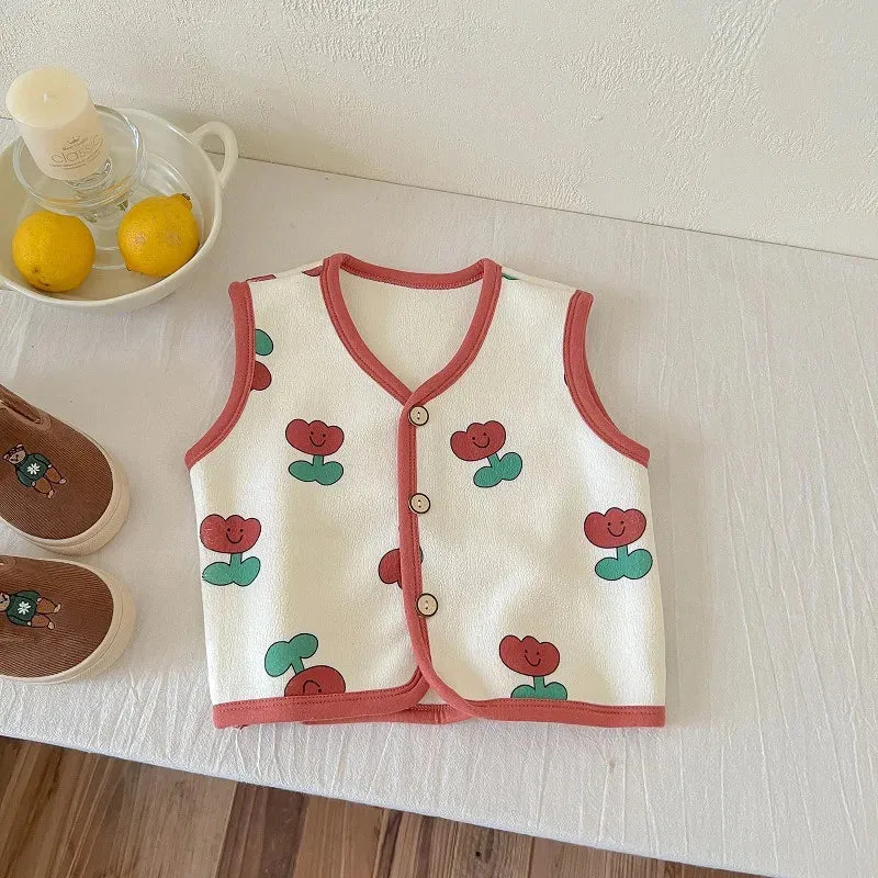 Winter Baby Vests Fleece Sleeveless Jackets for Kids Warm Boys Girls Windbreaker Cartoon Flower Cute Toddler Coats Clothing