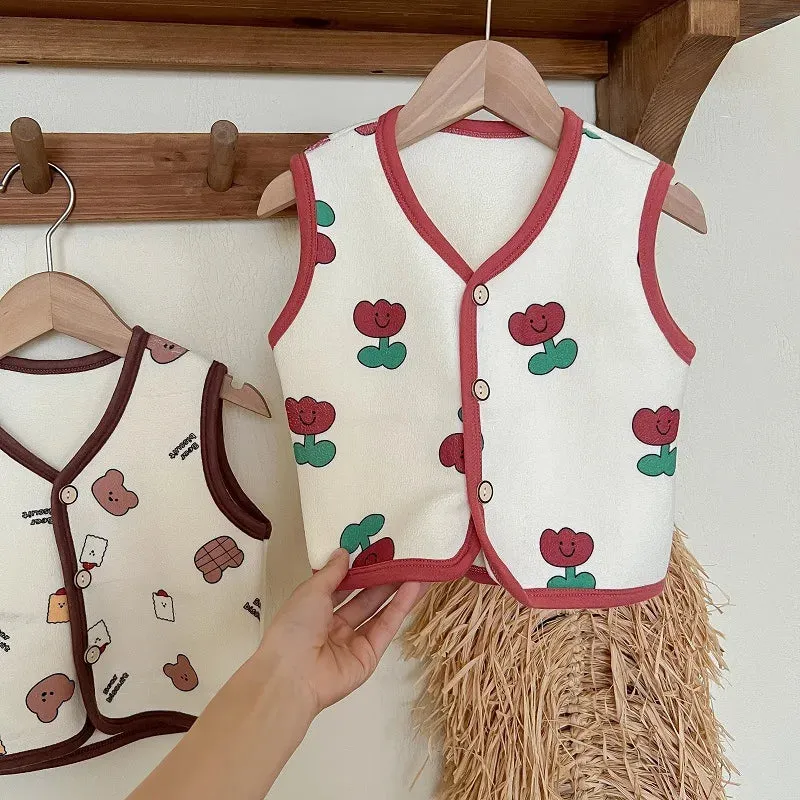 Winter Baby Vests Fleece Sleeveless Jackets for Kids Warm Boys Girls Windbreaker Cartoon Flower Cute Toddler Coats Clothing