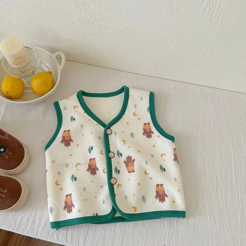 Winter Baby Vests Fleece Sleeveless Jackets for Kids Warm Boys Girls Windbreaker Cartoon Flower Cute Toddler Coats Clothing