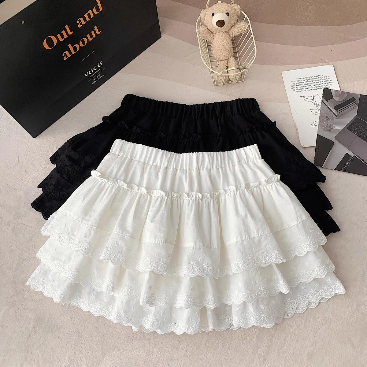 Women's Drawstring Waisted Tiered A-line Skirt with Lace Details
