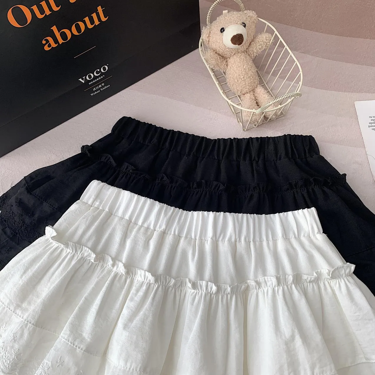 Women's Drawstring Waisted Tiered A-line Skirt with Lace Details