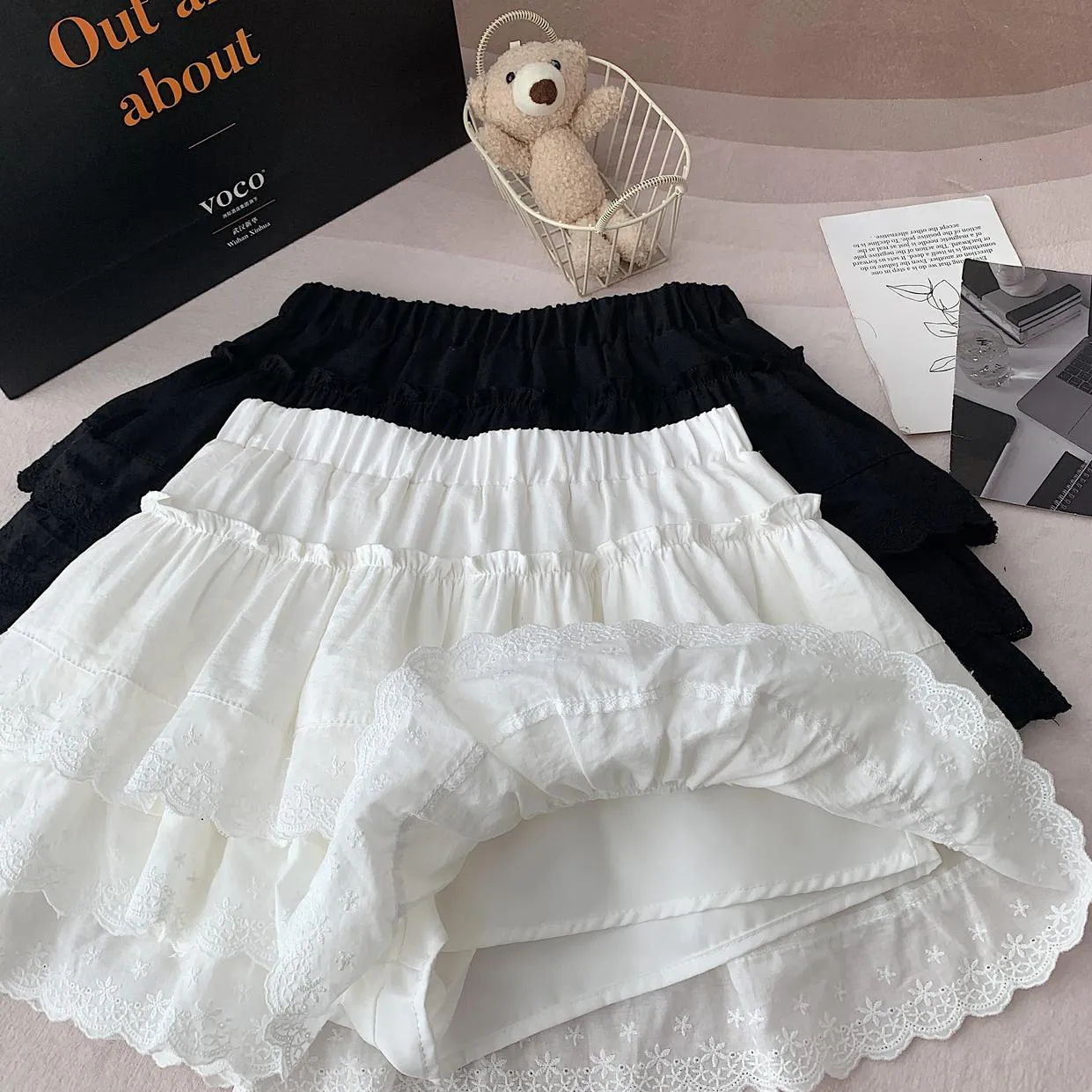 Women's Drawstring Waisted Tiered A-line Skirt with Lace Details