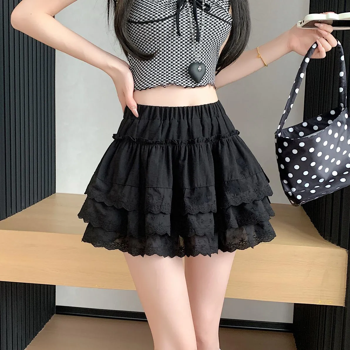 Women's Drawstring Waisted Tiered A-line Skirt with Lace Details