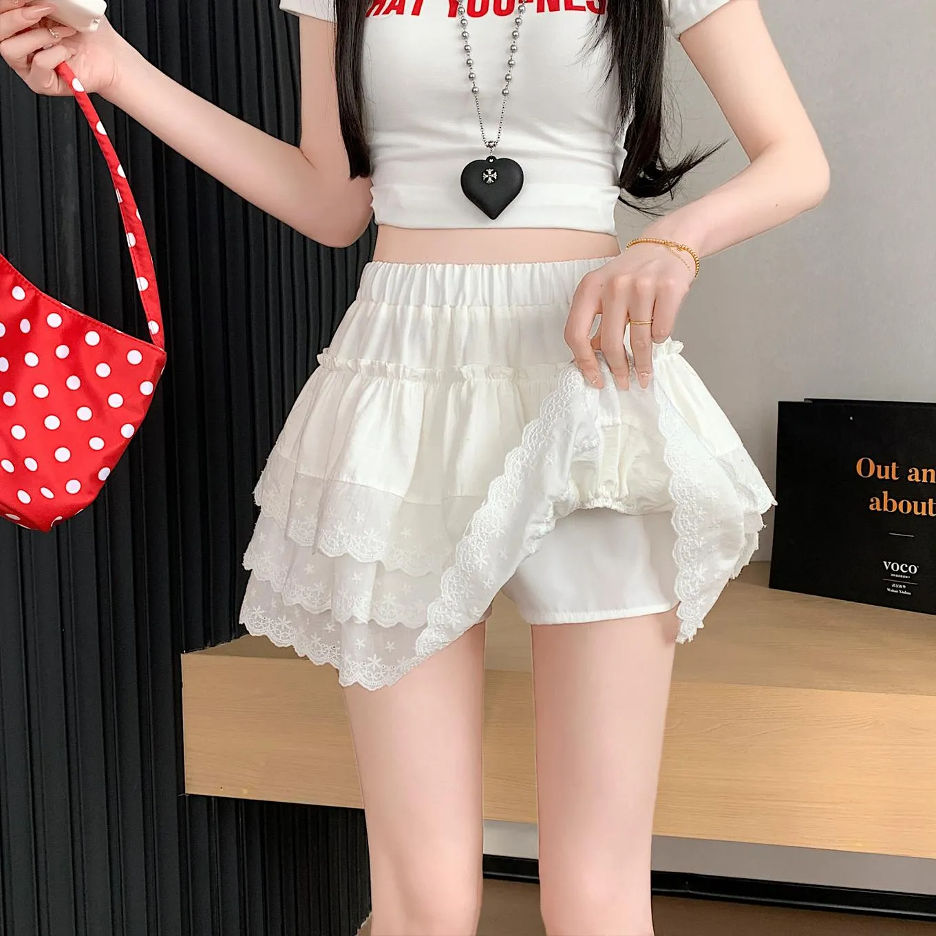 Women's Drawstring Waisted Tiered A-line Skirt with Lace Details