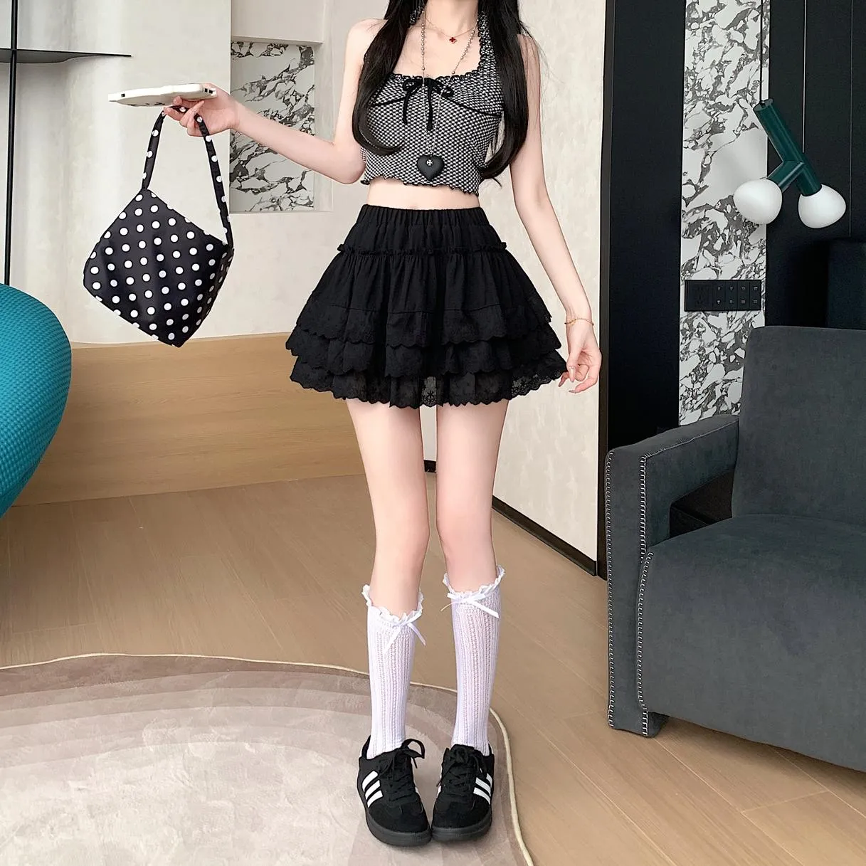Women's Drawstring Waisted Tiered A-line Skirt with Lace Details