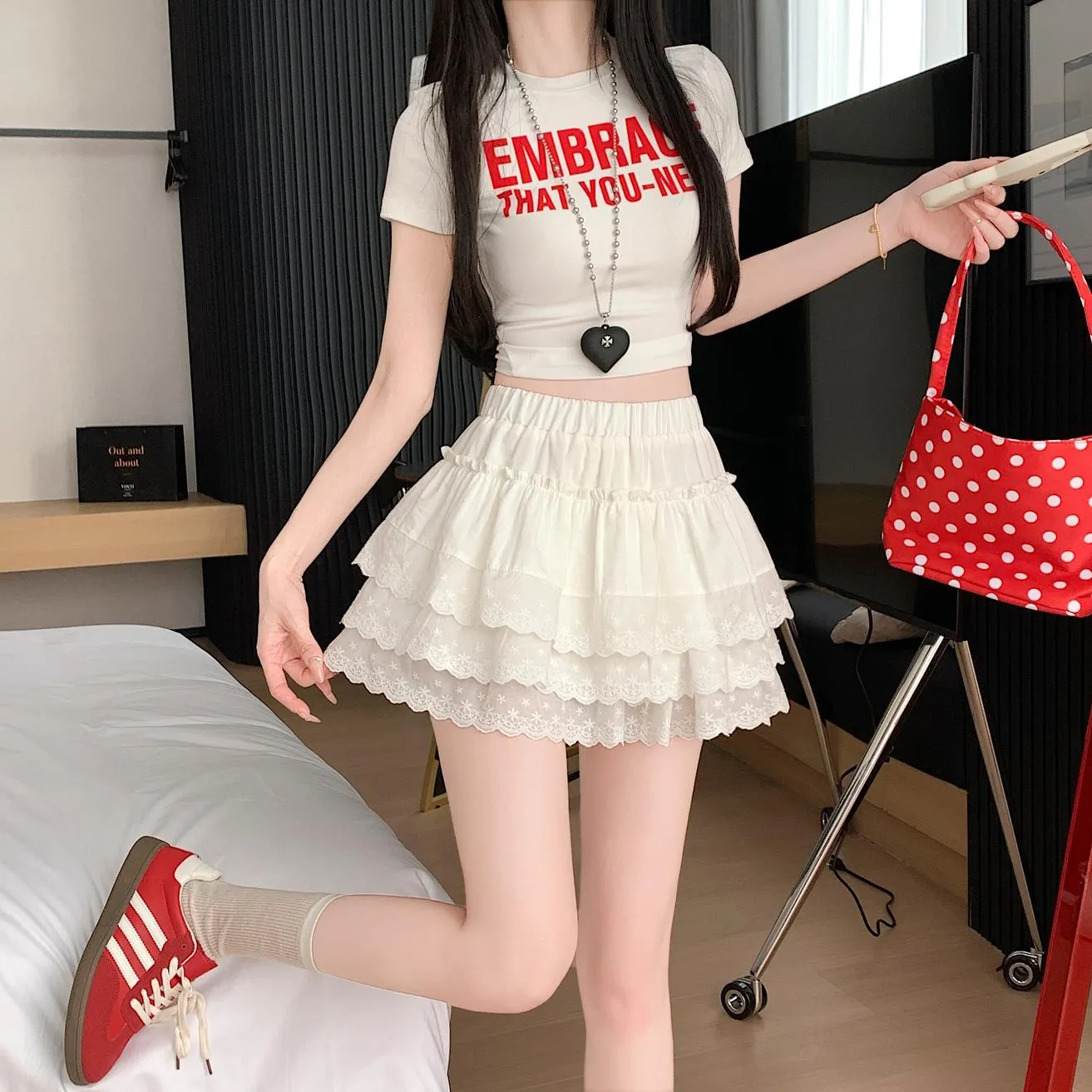 Women's Drawstring Waisted Tiered A-line Skirt with Lace Details