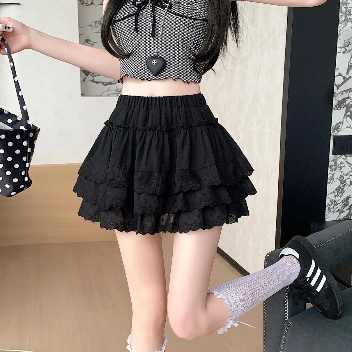 Women's Drawstring Waisted Tiered A-line Skirt with Lace Details