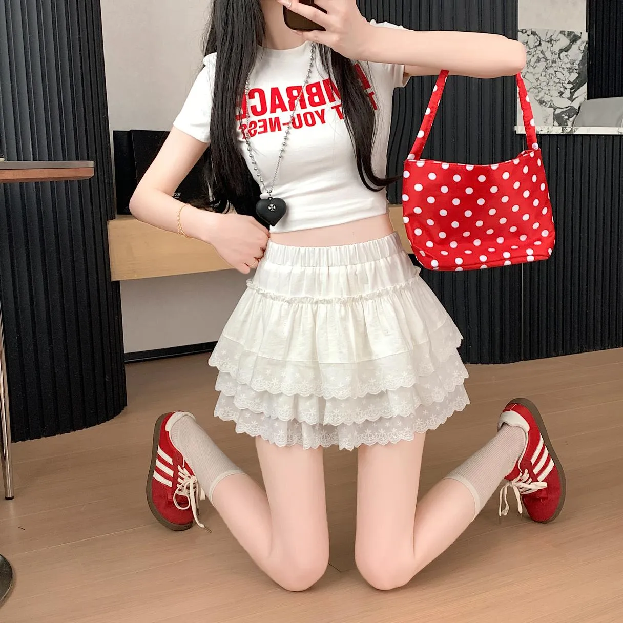 Women's Drawstring Waisted Tiered A-line Skirt with Lace Details