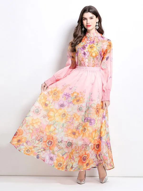 Women's Floral Print Layered Ruffles Maxi Dress
