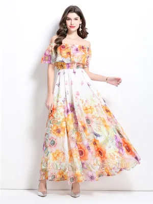 Women's Floral Print Layered Ruffles Maxi Dress