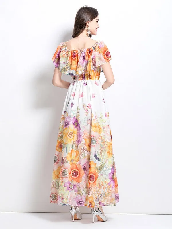 Women's Floral Print Layered Ruffles Maxi Dress