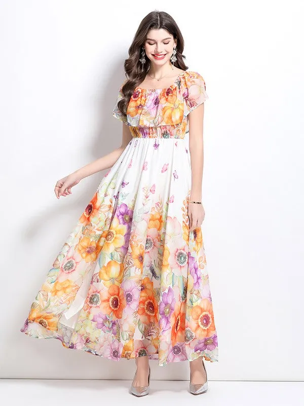 Women's Floral Print Layered Ruffles Maxi Dress
