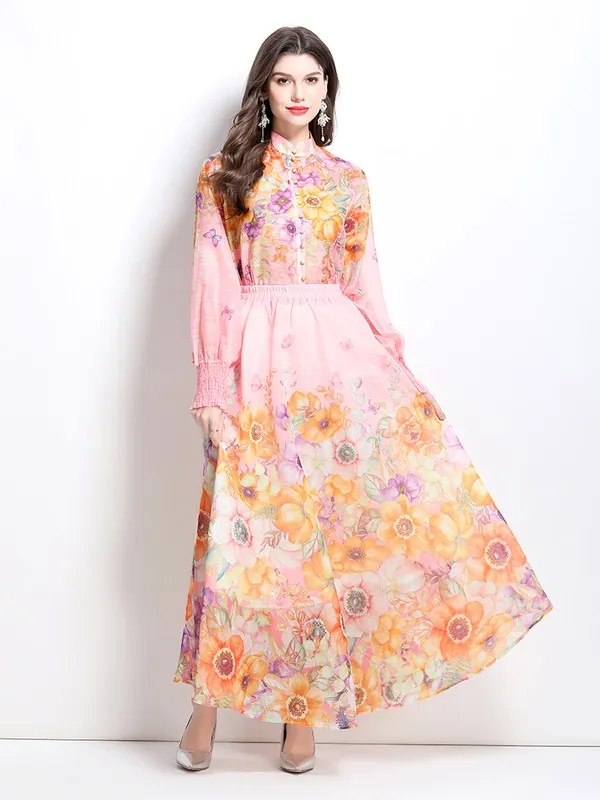 Women's Floral Print Layered Ruffles Maxi Dress