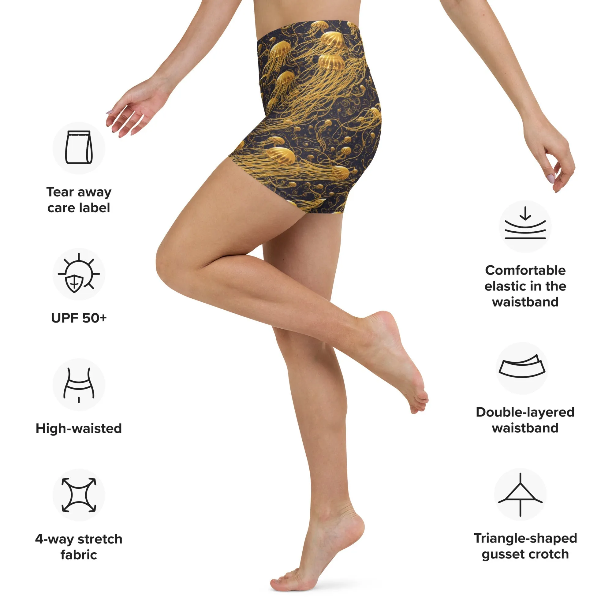 Yoga Shorts - Black And Gold Jellyfishes