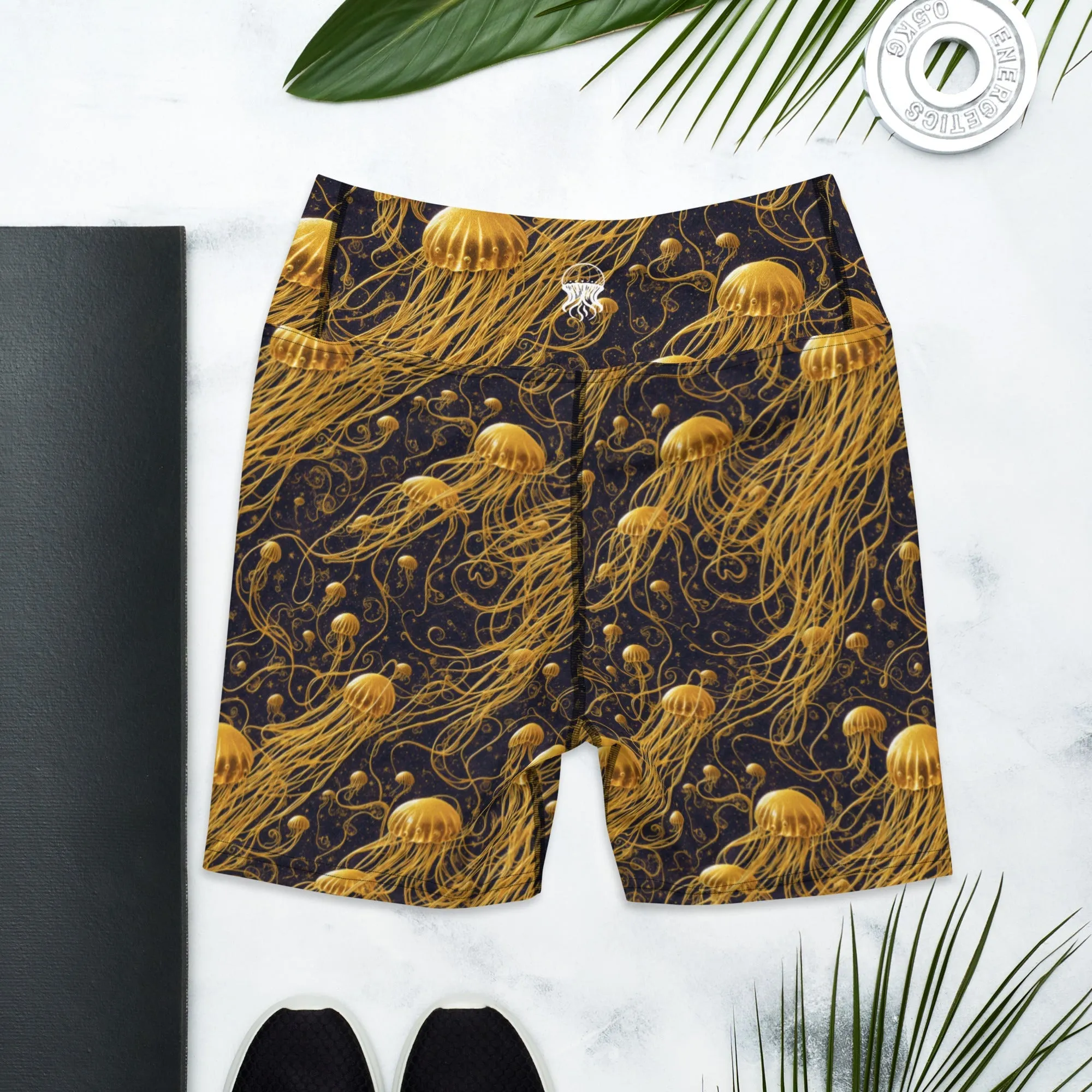 Yoga Shorts - Black And Gold Jellyfishes
