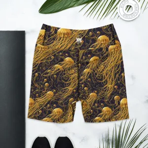 Yoga Shorts - Black And Gold Jellyfishes