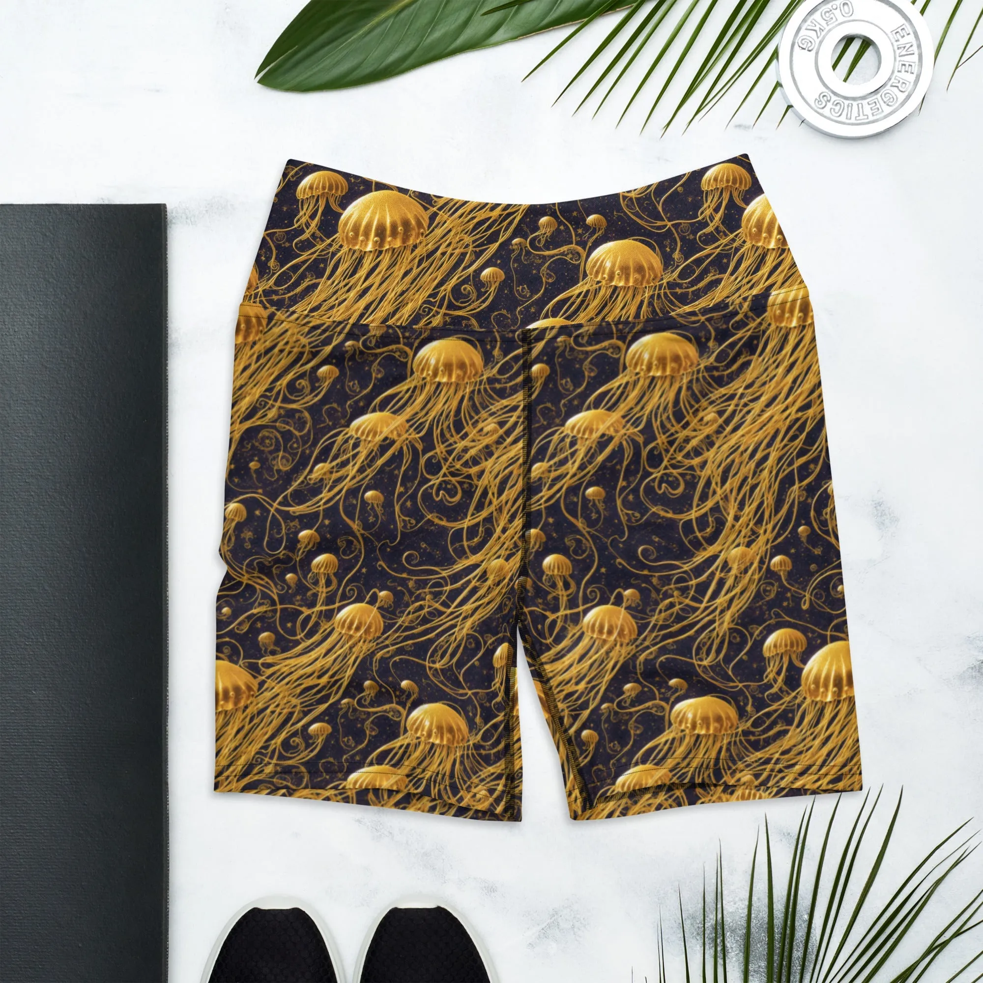 Yoga Shorts - Black And Gold Jellyfishes