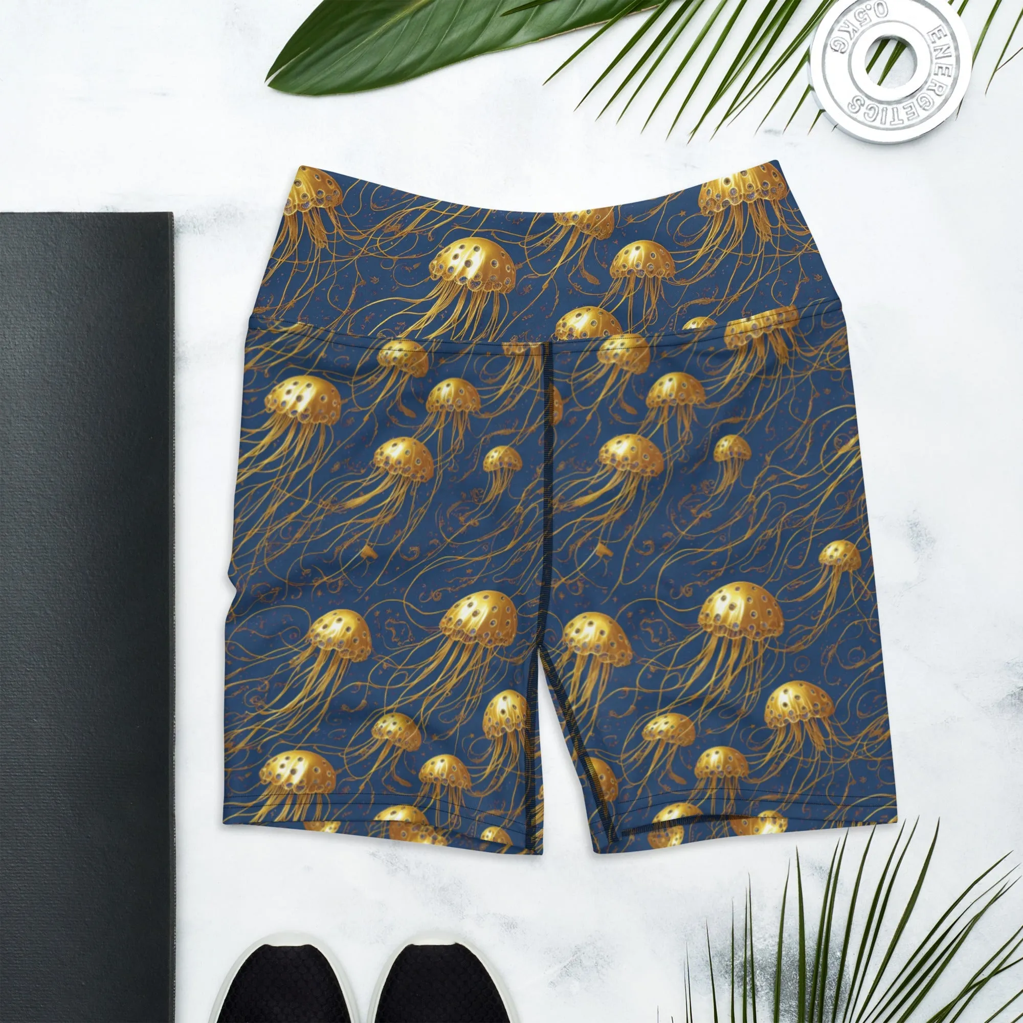 Yoga Shorts - Blue And Gold Jellyfishes