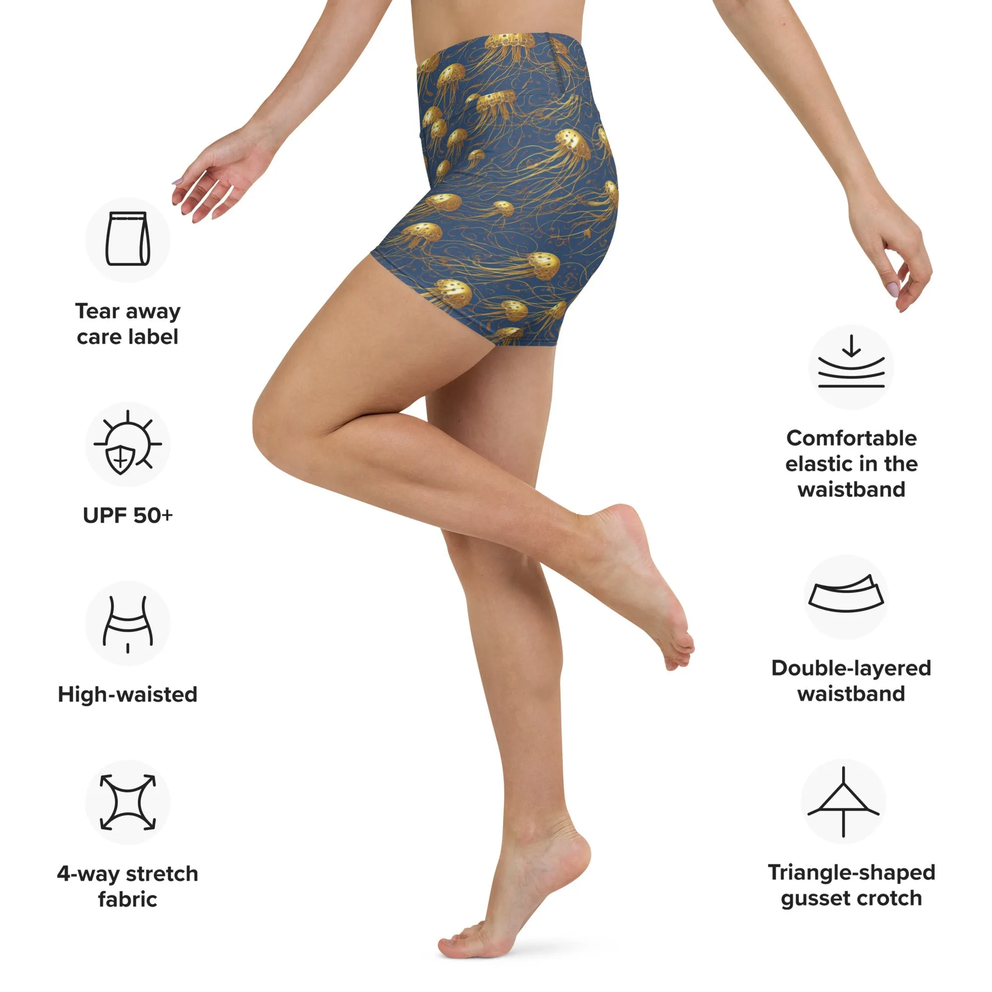 Yoga Shorts - Blue And Gold Jellyfishes