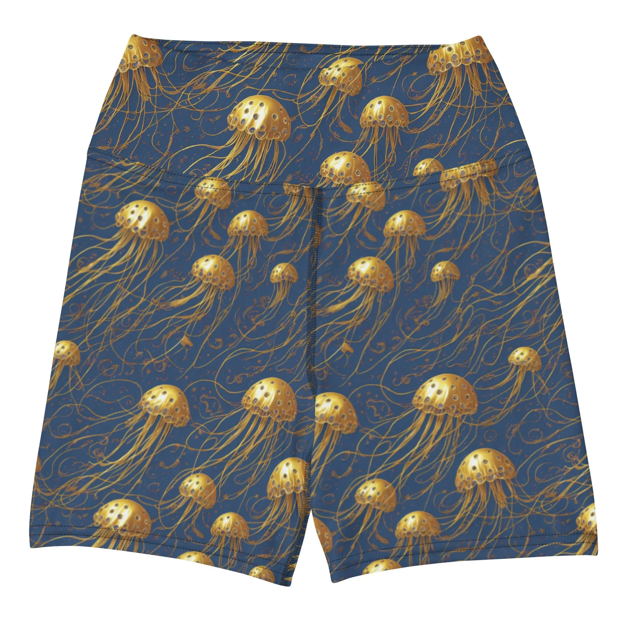 Yoga Shorts - Blue And Gold Jellyfishes
