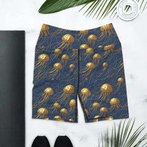 Yoga Shorts - Blue And Gold Jellyfishes