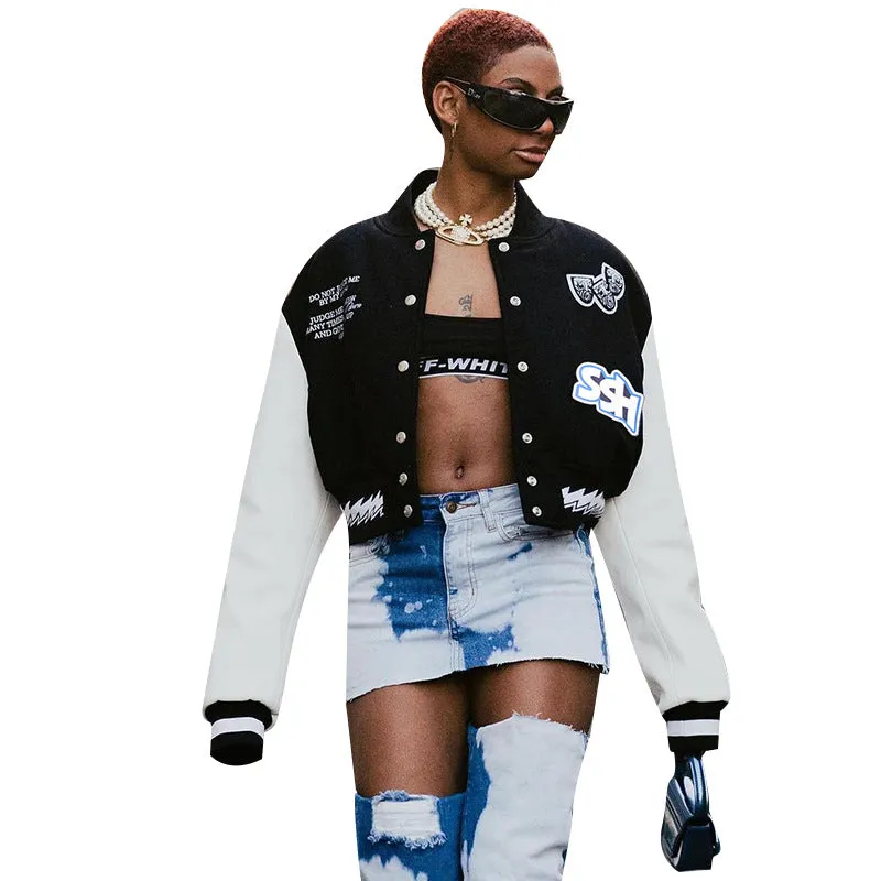 YY23439insWind Net Red Same Style Printed Baseball Uniform2023European and American Autumn New Loose Contrast Color Coat for Women