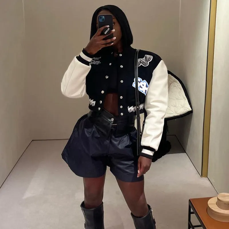 YY23439insWind Net Red Same Style Printed Baseball Uniform2023European and American Autumn New Loose Contrast Color Coat for Women